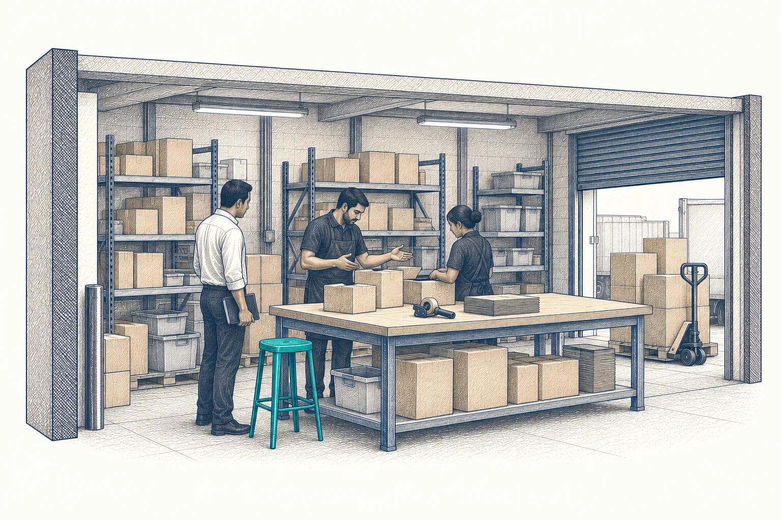 Two people at a workbench going through how the job actually runs