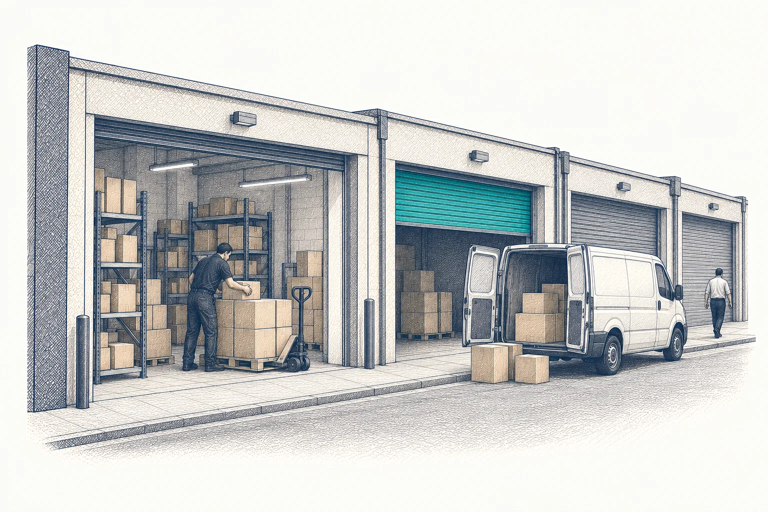 A row of trade units: a worker stacking cartons, a van loading at the kerb, a teal shutter