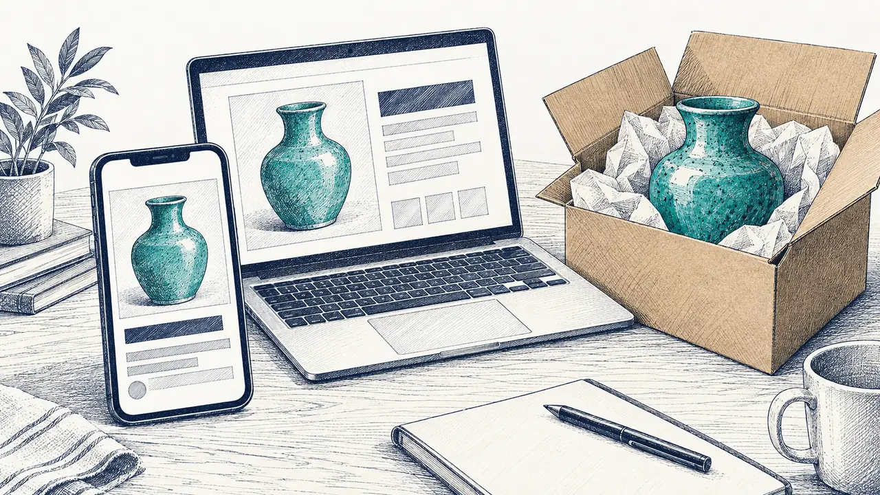 Navy ink illustration of a ceramic vase shown on a phone and laptop beside the same vase packed in a parcel box
