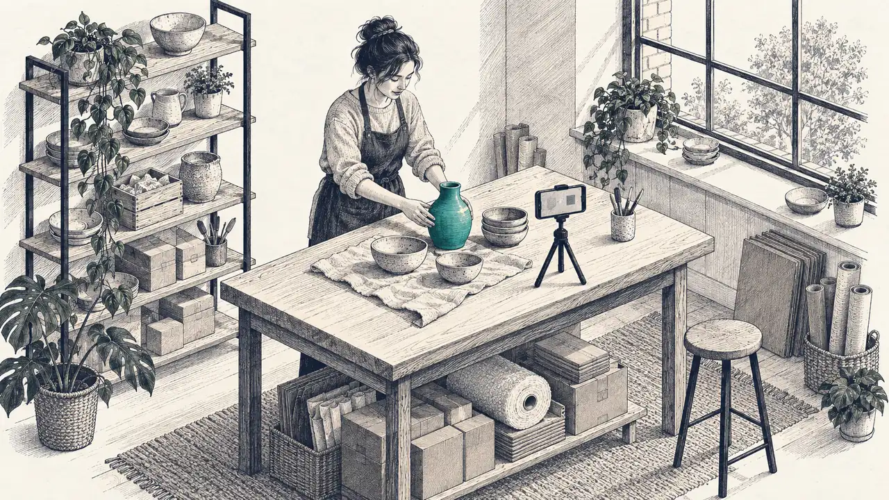 Navy ink illustration of a workshop owner arranging a teal ceramic vase and bowls in front of a phone on a tripod