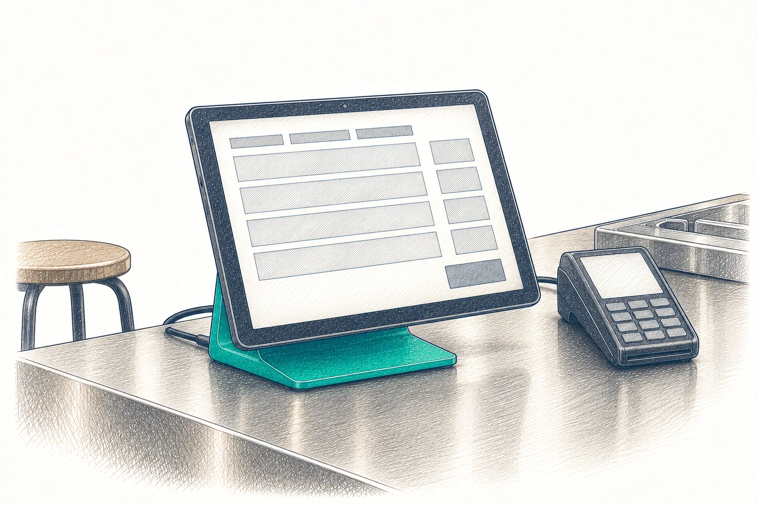 The EzyResto order screen drawn on a counter terminal, tables and tickets in view
