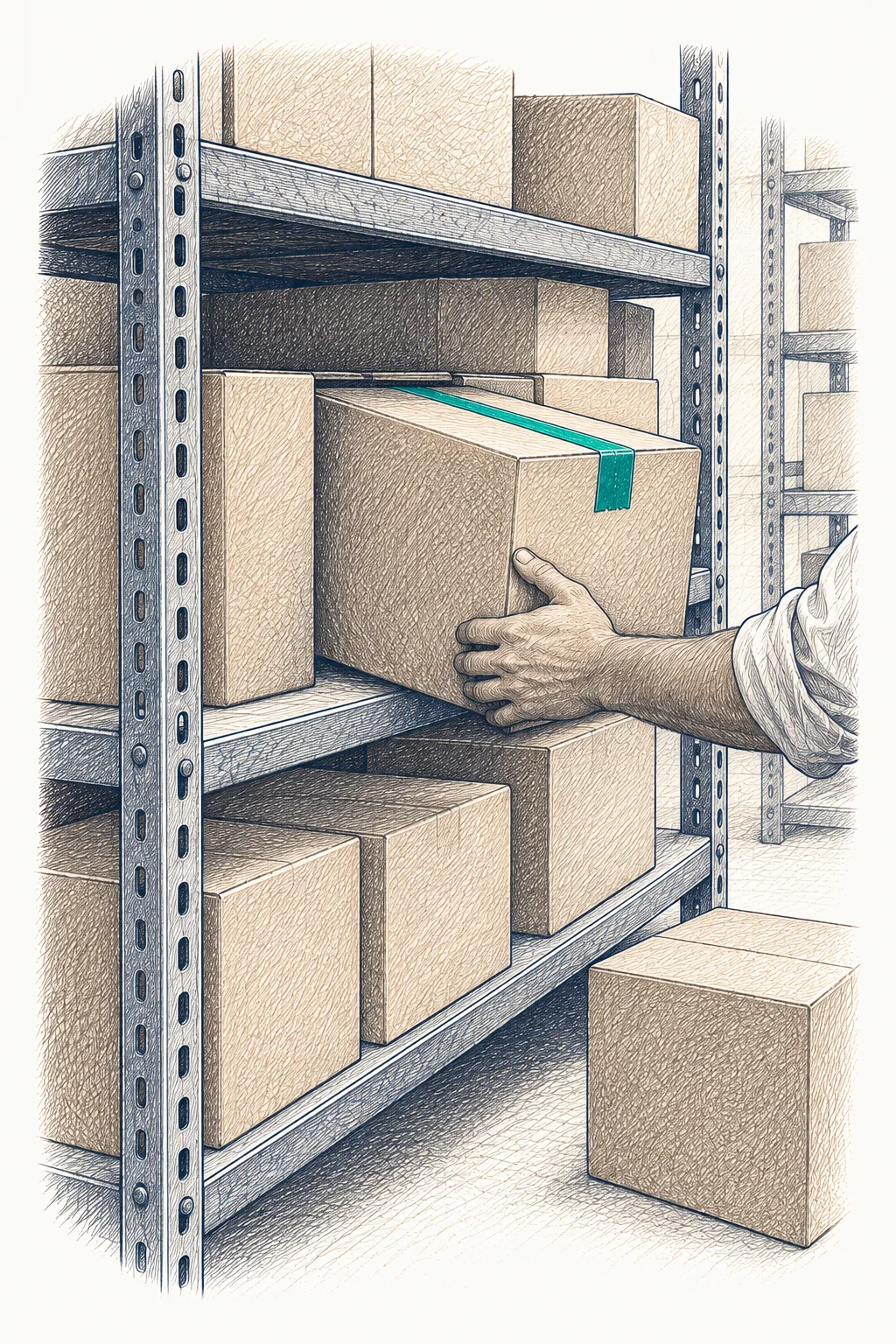 A hand checking a delivery against a goods-received note at the store door