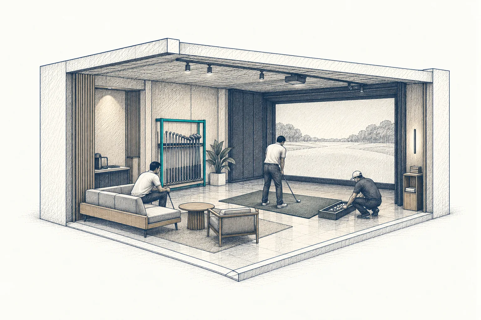 Indoor golf simulator lounge, cutaway: a player at the screen, a friend on the sofa, clubs in a teal rack