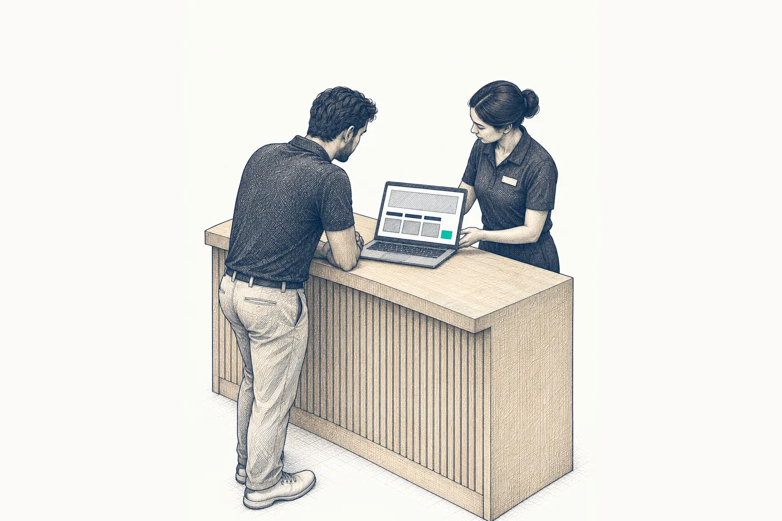 A guest and a host at a timber counter, the booking site open on a laptop