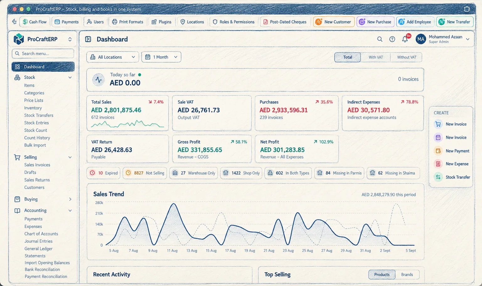 The concept ERP dashboard, drawn: a sidebar of stock, selling, buying and accounting; sales, VAT and profit cards; a sales-trend chart