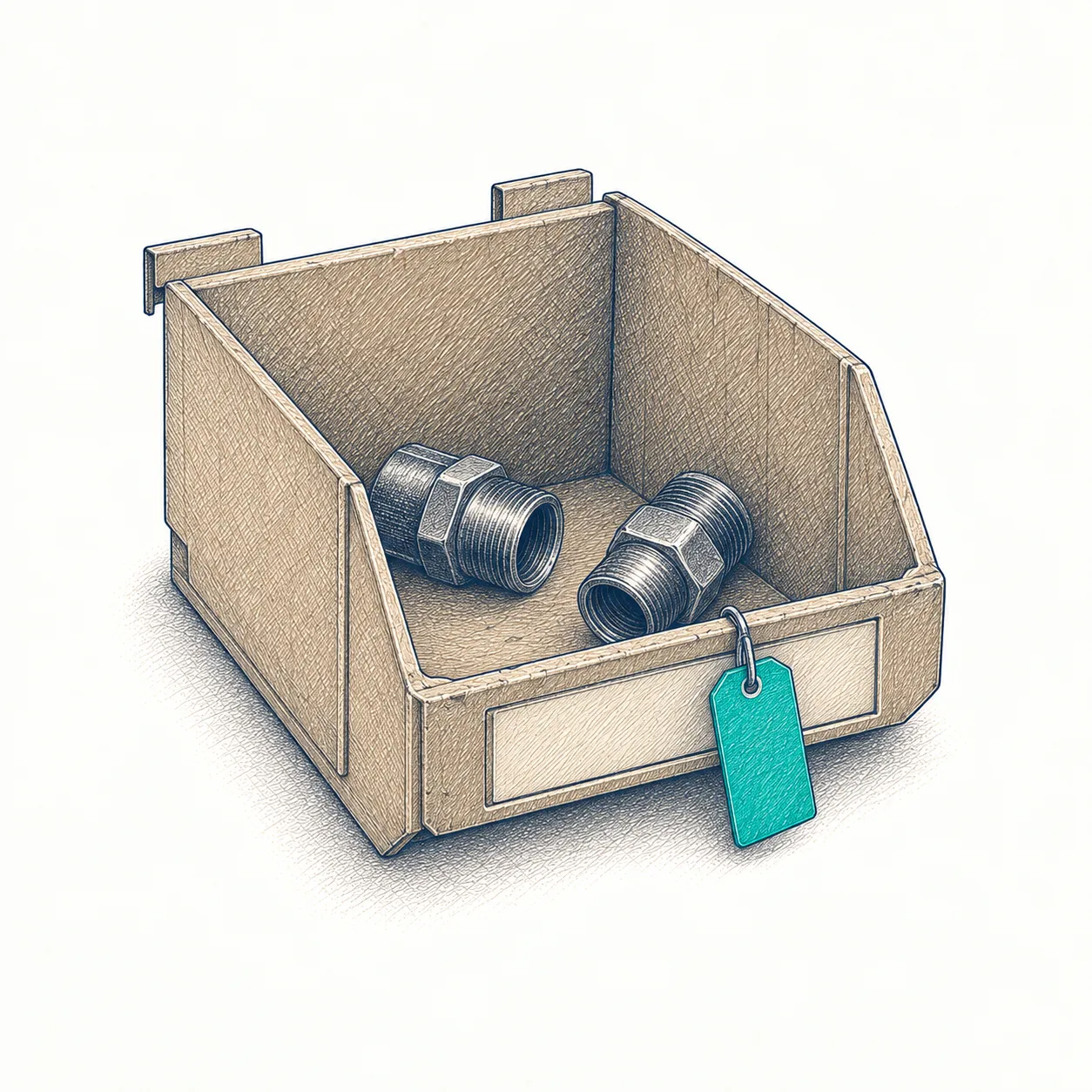 A reorder card pinned beside a low shelf of stock