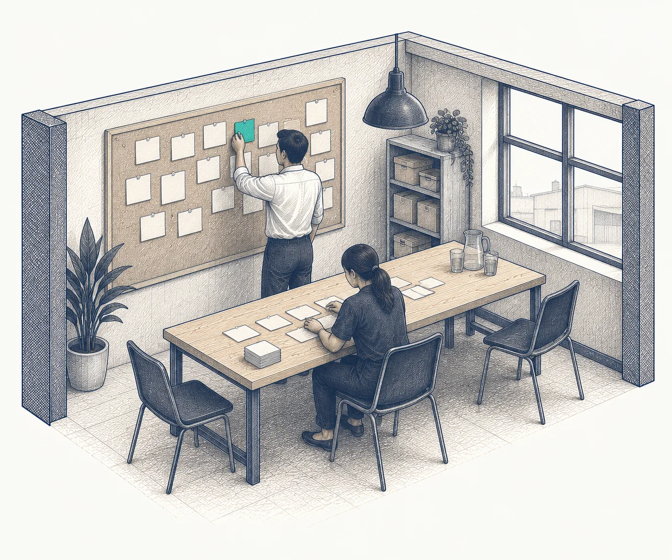Two people mapping a process across a wall of cards
