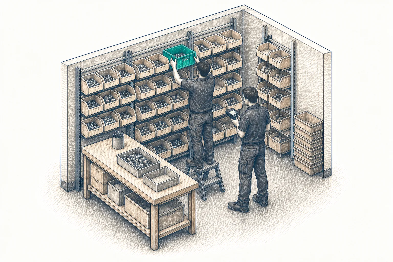 Racking and a counted shelf, stock cards in place