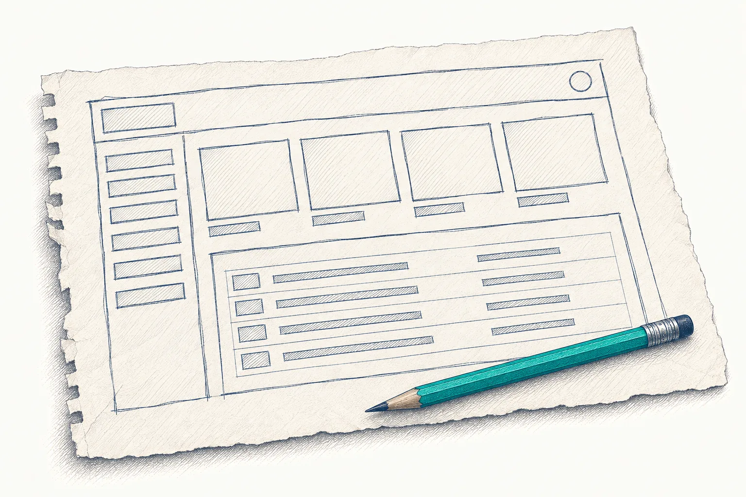 Hand-drawn interface wireframes pinned to a board