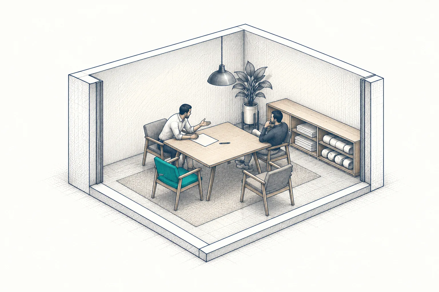 A small meeting room, cutaway: two people across a table with one sheet of paper between them, a teal chair