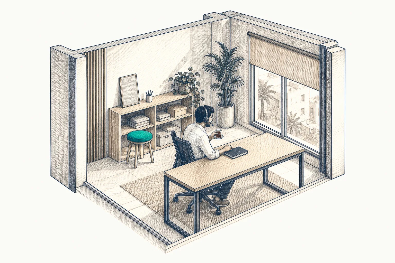 A home office by a window: someone on a headset call with a notebook and a glass of tea, a teal stool