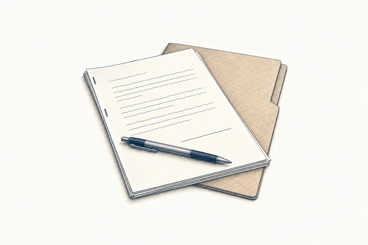 A signed scope document on a desk beside a pen and a folded drawing