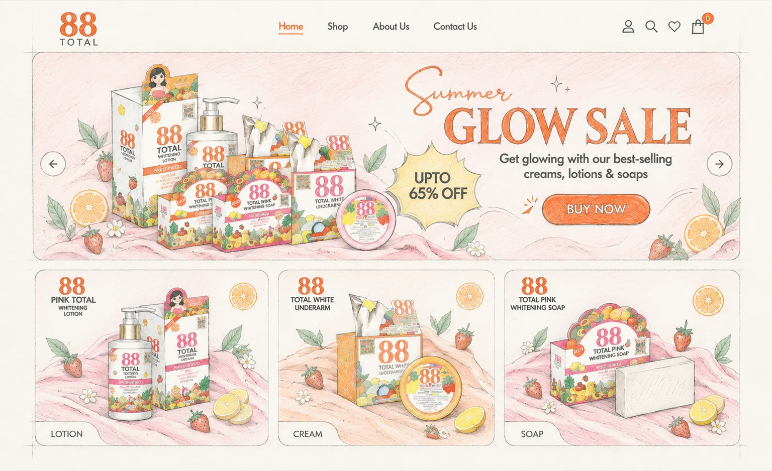 The 88 Total website home page, drawn: the Summer Glow Sale banner over whitening lotions, soaps and creams, three product cards below