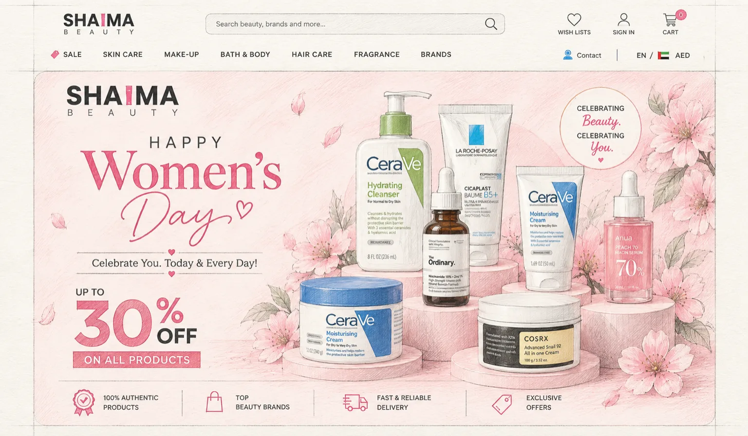 Shaima Beauty website home page, sketched: skincare bottles and tubes on pink plinths among cherry blossom, with a sale banner beside them