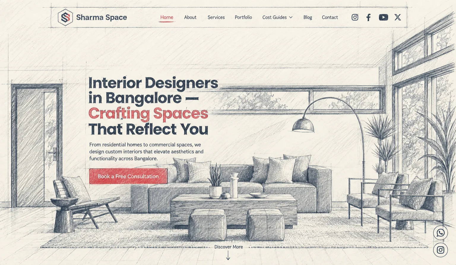 Sharma Space website home page, sketched: a living room with a low sofa, an arc lamp and a wall of windows