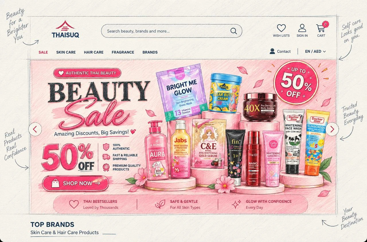The ThaiSuq website home page, drawn: the Beauty Sale banner with a stand of Thai skincare, the search and category bar above it