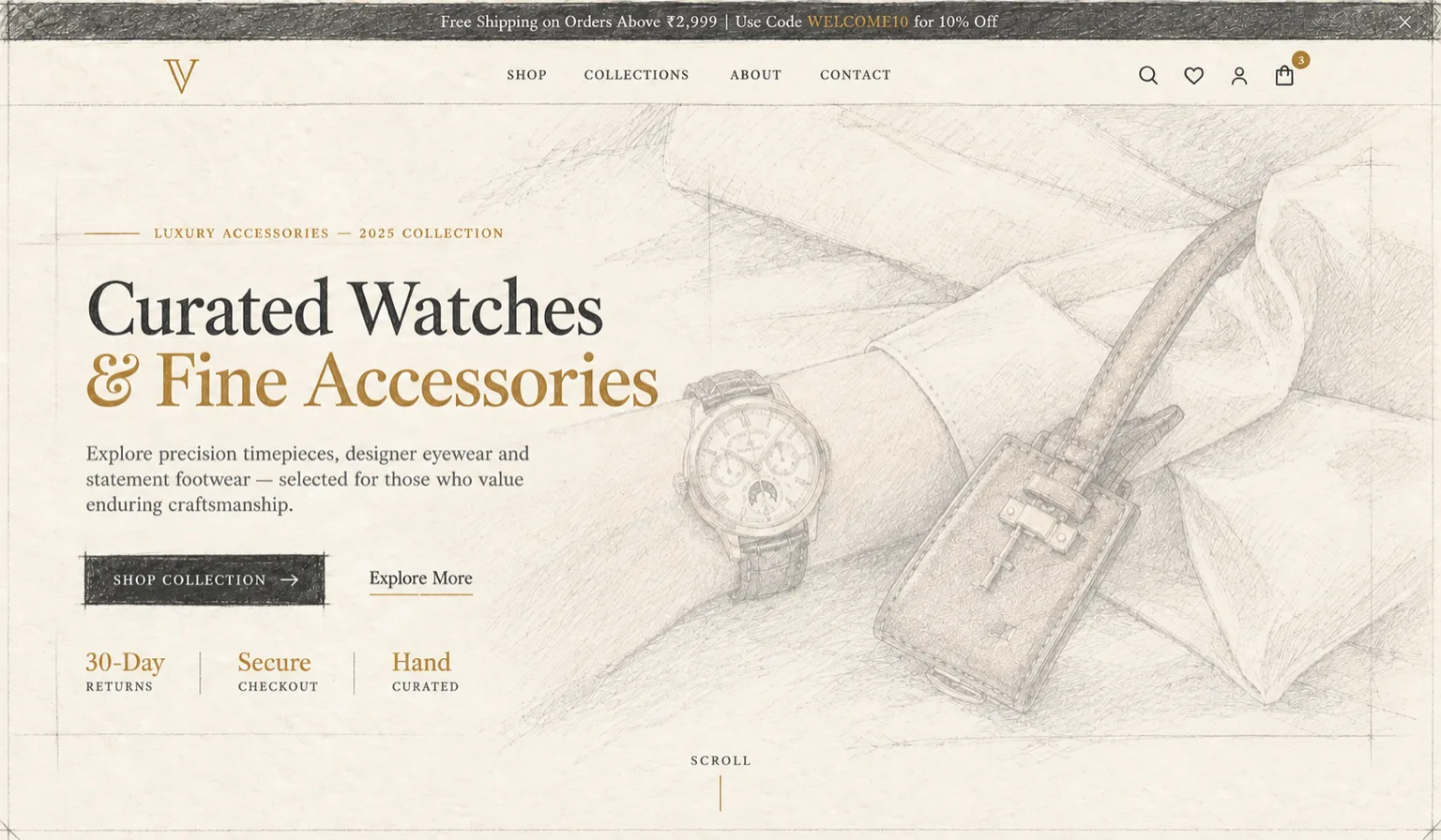 Vistique website home page, sketched: a chronograph on a shirt cuff beside a leather strap and buckle, on draped linen