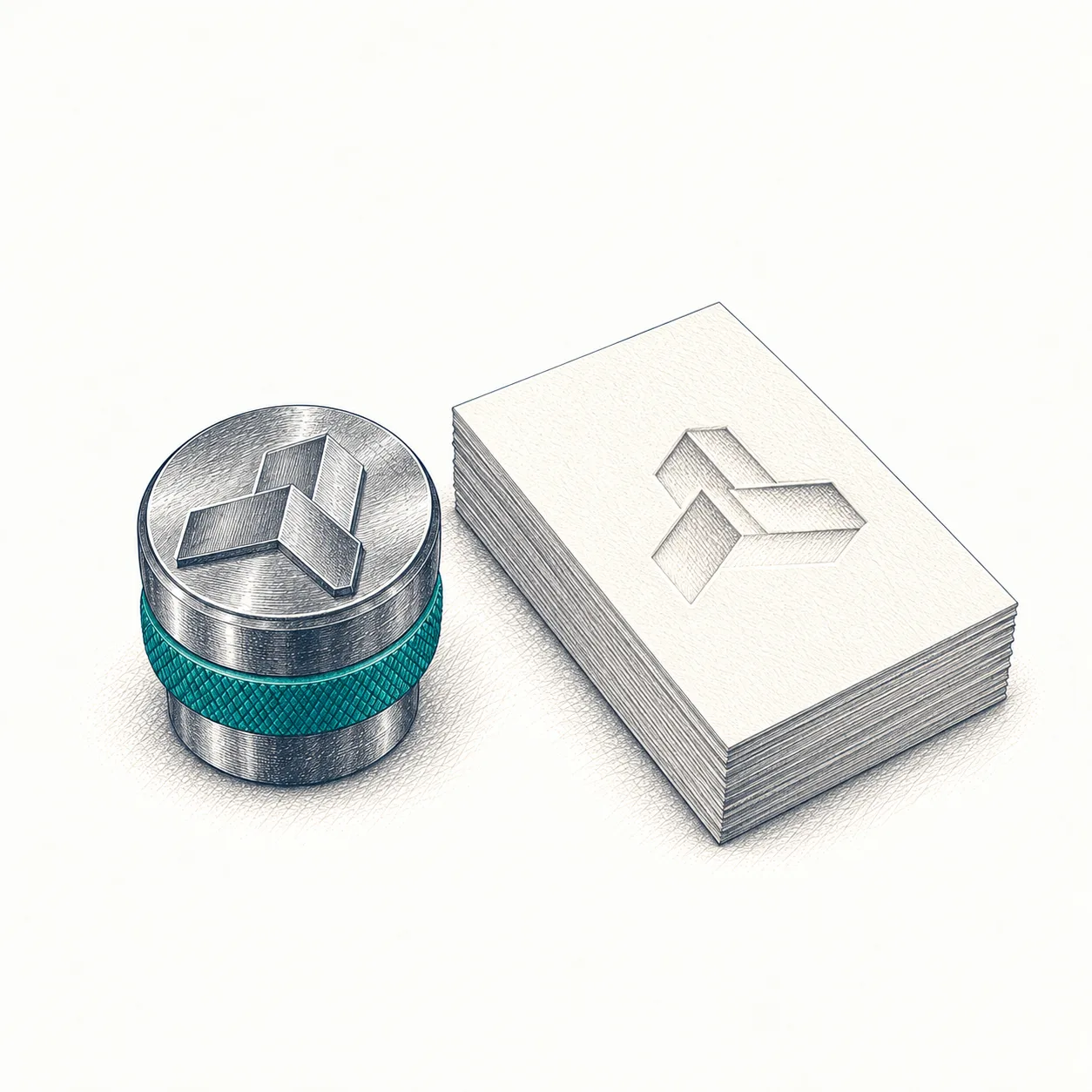 A brand guideline spread open beside stationery and a colour chip