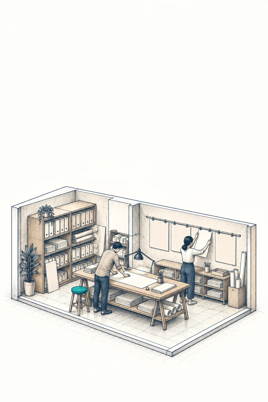 Drafting studio: two people at a plan table, sheets pinned to a wall rail, shelves of binders, a teal stool