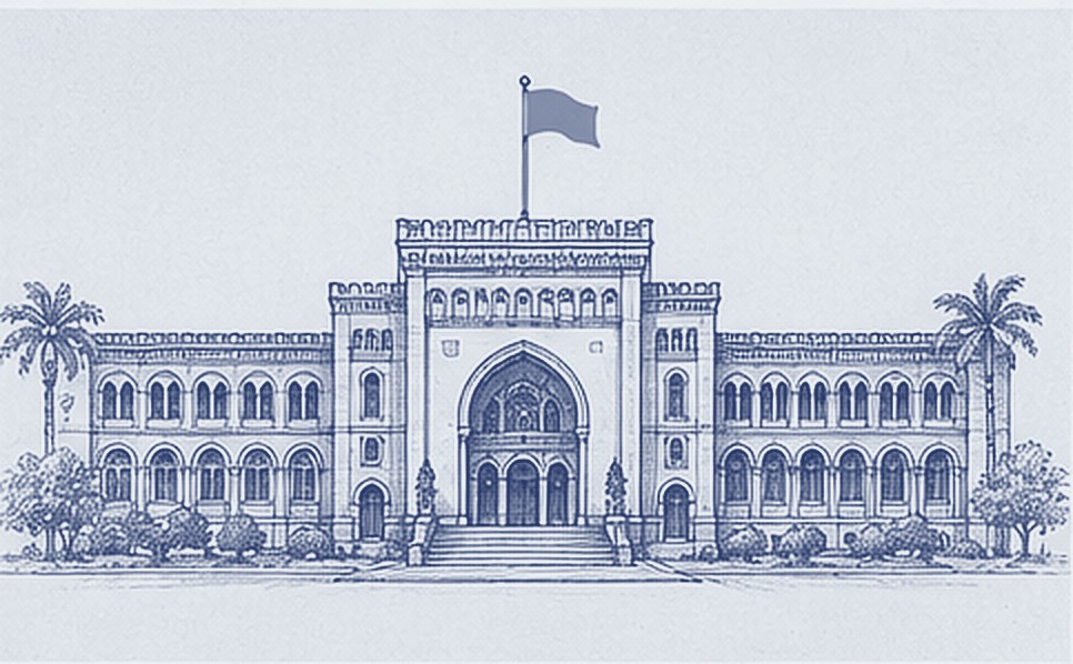 Institute campus front, clean architectural line drawing