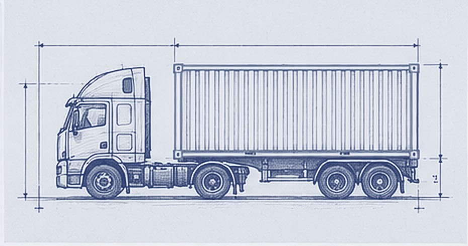 Freight truck on a GCC highway, side elevation line drawing