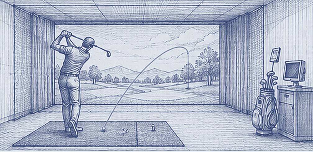 Indoor golf simulator bay, interior line drawing