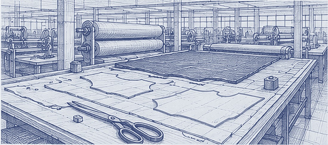 Garment factory cutting table, line drawing