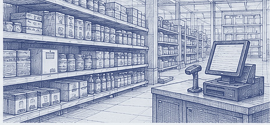 Retail shelves and a POS counter, line drawing
