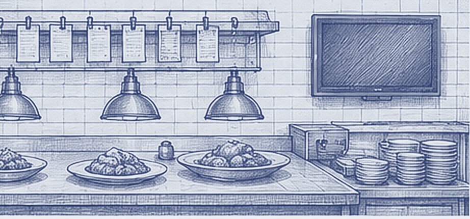 Restaurant pass with kitchen display, line drawing