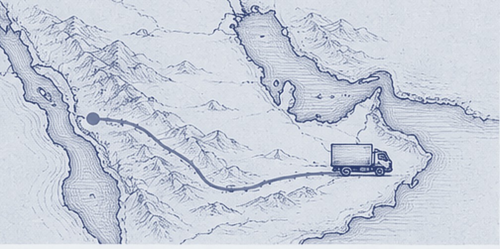 Truck on the road, technical line drawing